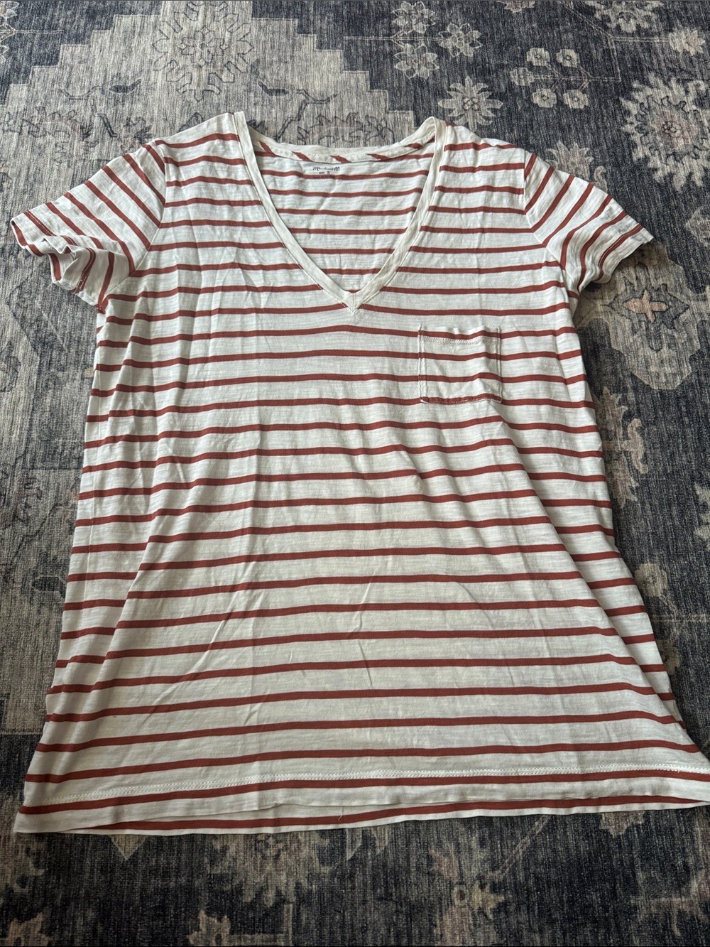 Madewell Cream and Rust Striped V-Neck Pocket Tee